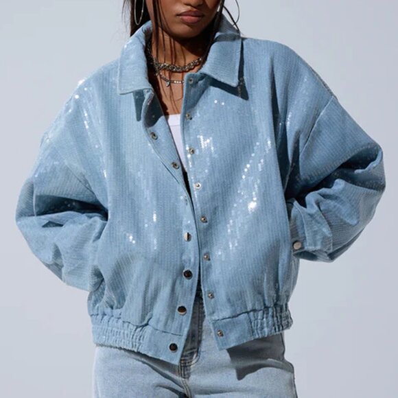Akira Sequin Overlay Denim Bomber Jacket - Picture 1 of 5